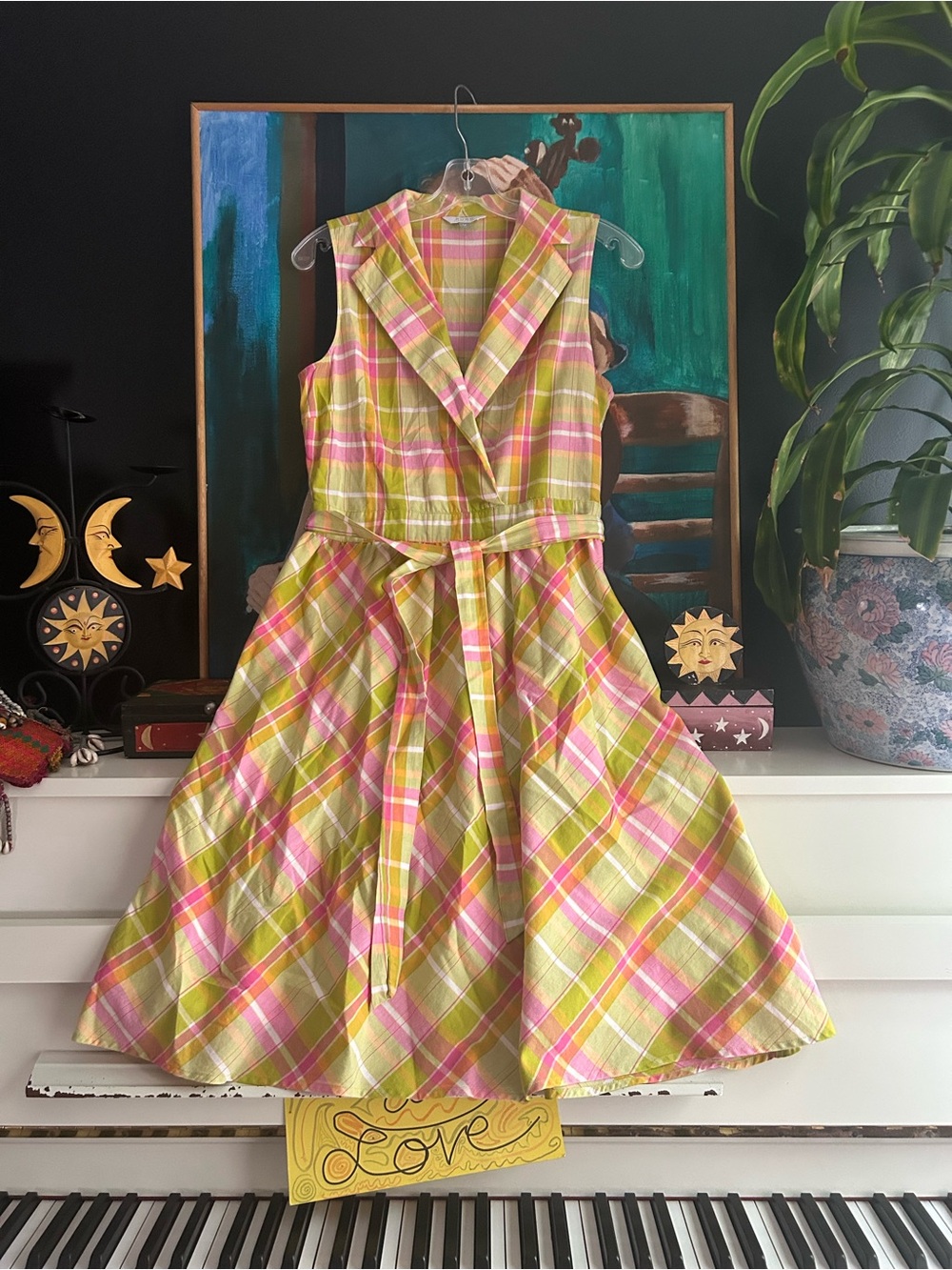 Pure Alfred Sung Plaid Wrap Midi Dress Belted Pink Green Sleeveless Women M - Picture 1 of 16